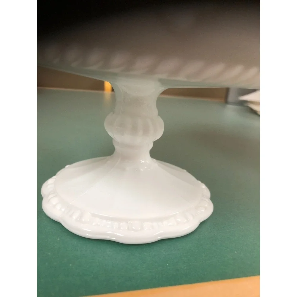 Vintage Milk Glass Pedestal Compote Candy Bowl Scalloped Rim Embossed Floral